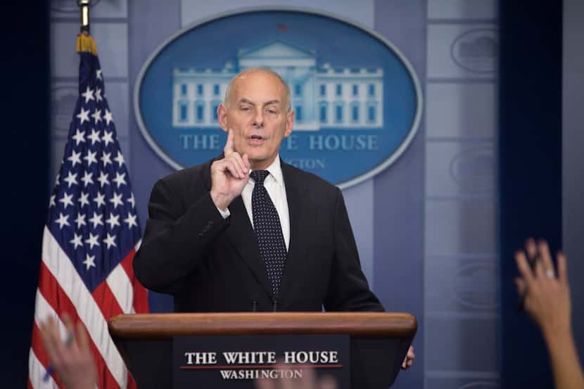 White House Chief of Staff John Kelly delivers remarks during a daily news briefing at the...