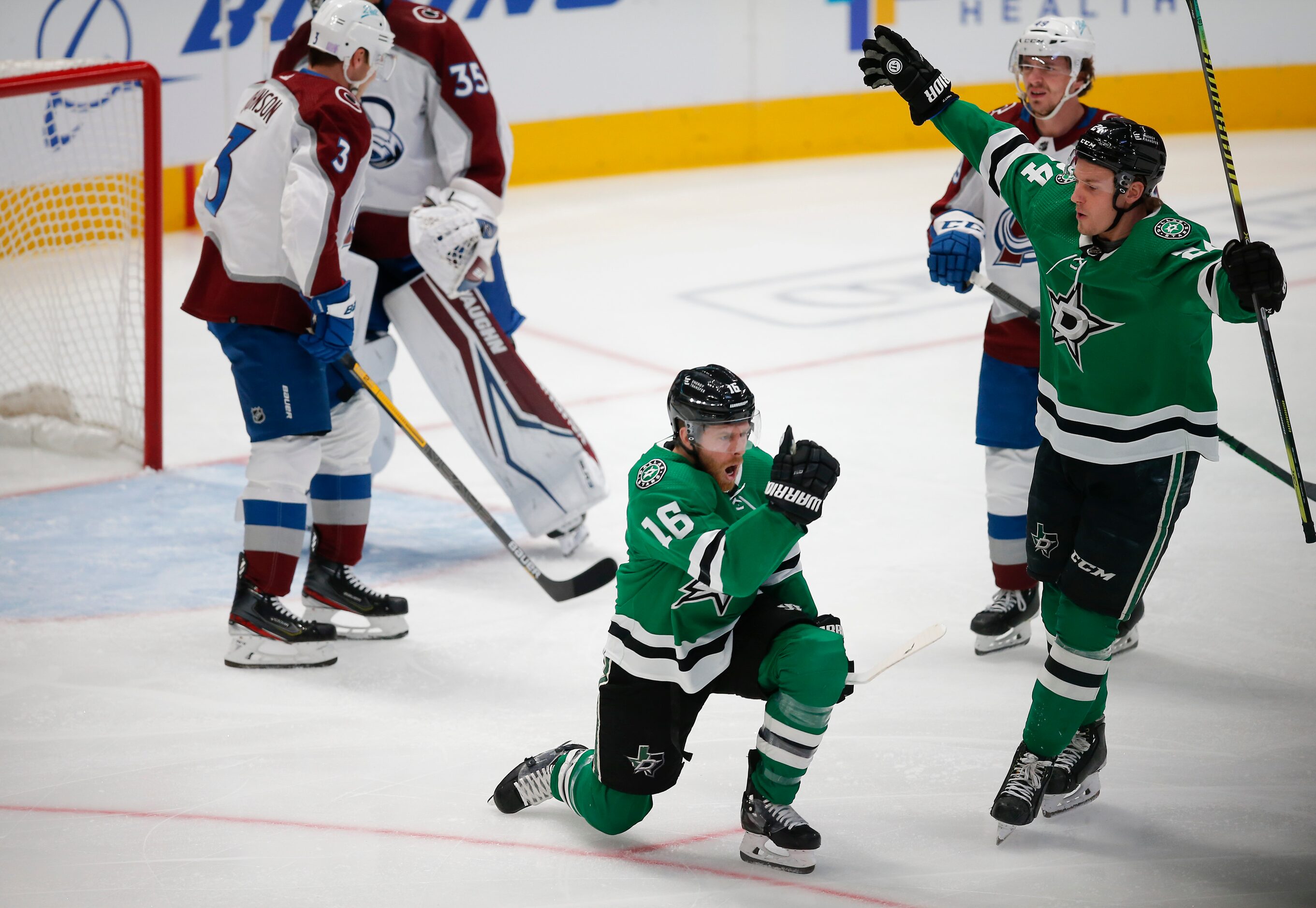 Dallas Stars forward Joe Pavelski (16) celebrates scoring his first goal of the game during...