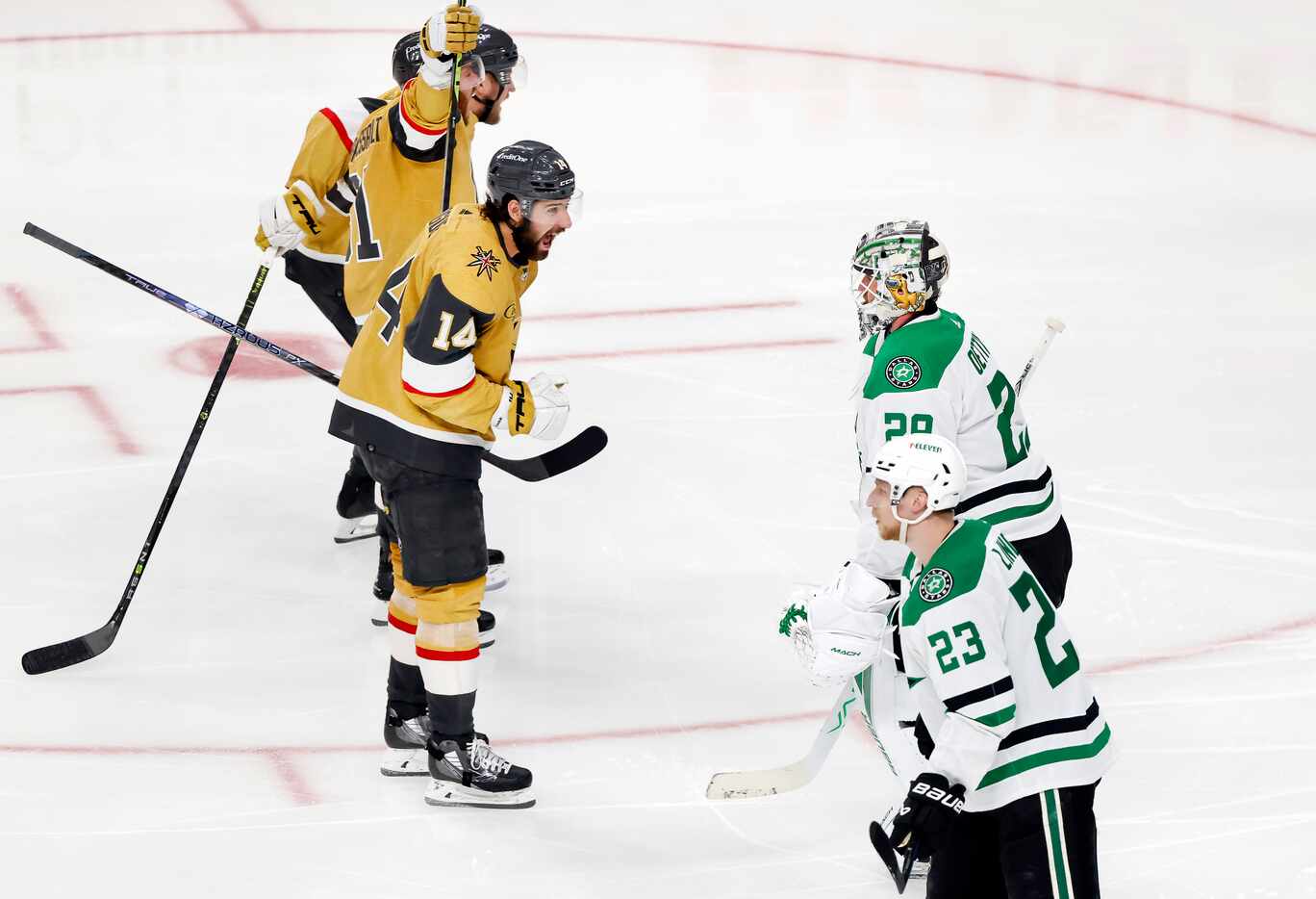 Vegas Golden Knights defenseman Nicolas Hague (14) and his teammates celebrate their...