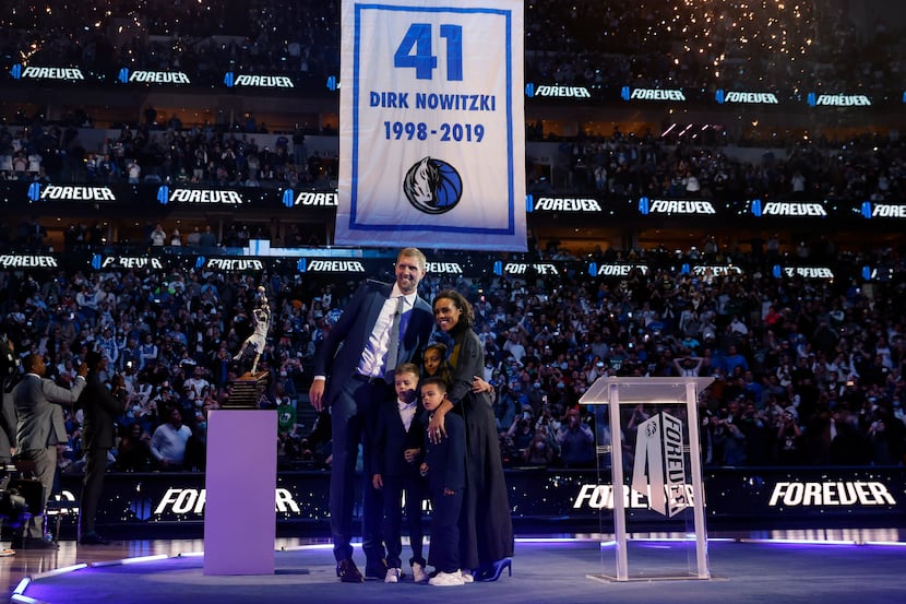 Former Dallas Mavericks All-Star Dirk Nowitzki, his wife Jessica Olsson and their kids posed...