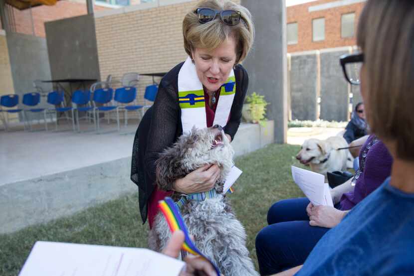 Rev. Wendy Fenn blessed jack, a mini Labradoodle, during a blessing of the animals at Encore...
