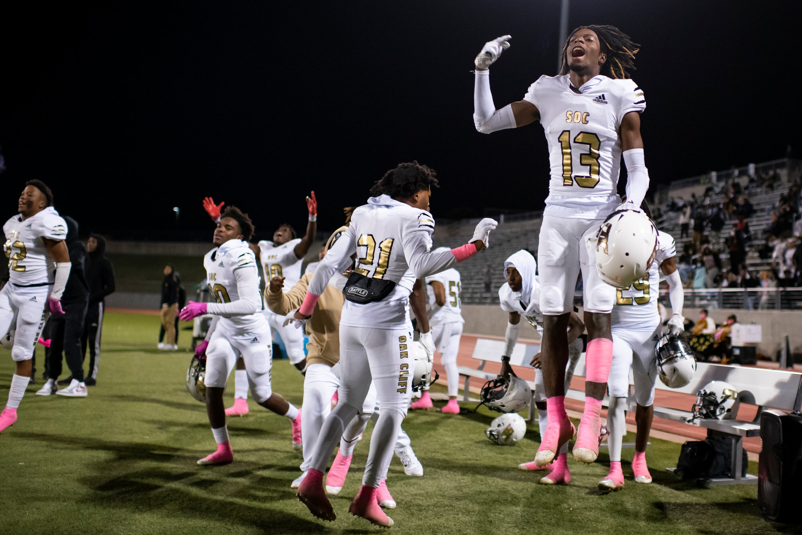 South Oak Cliff junior Taylor Starling (13) leaps after a touchdown is scored during the...