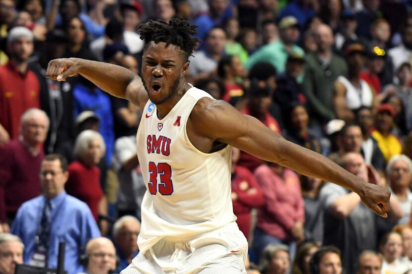 TULSA, OK - MARCH 17: Semi Ojeleye #33 of the Southern Methodist Mustangs reacts in the...