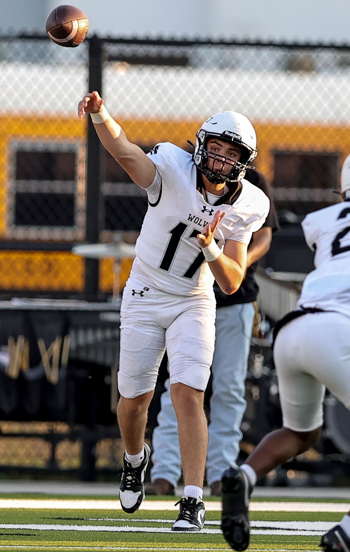 Mansfield Timberview quarterback Anthony Desanto attempts a pass against Denton Ryan during...