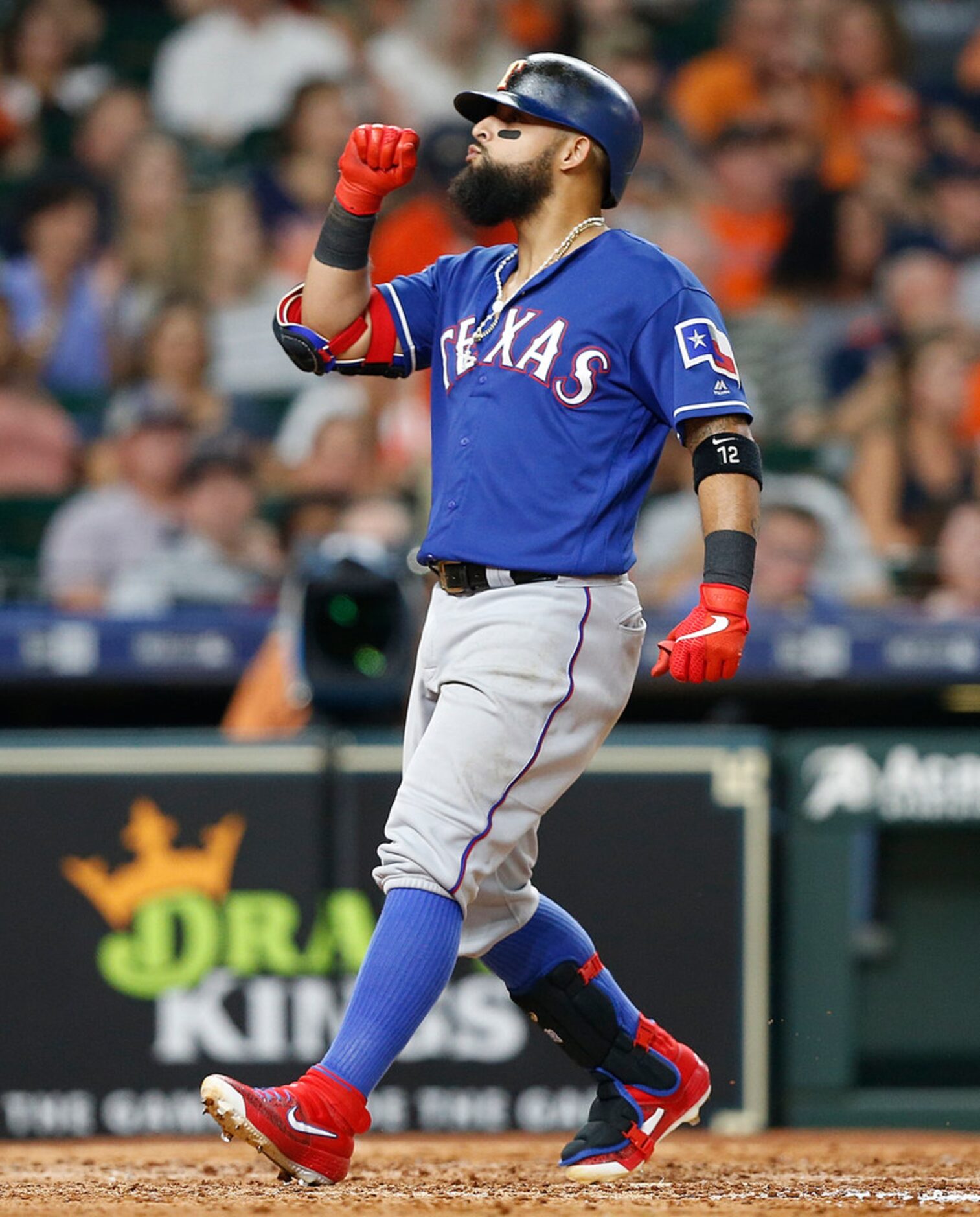 HOUSTON, TEXAS - JULY 19: Rougned Odor #12 of the Texas Rangers celebrates his sixth inning...