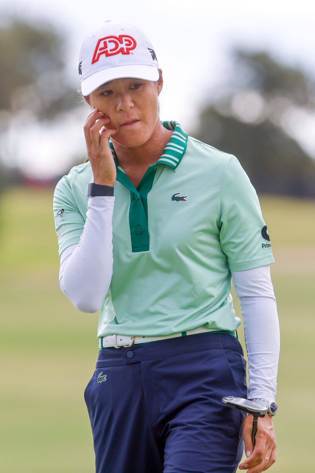 Celine Boutier of France reacts after missing the hole on the seventh green during the first...