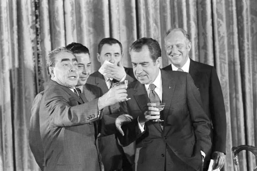 In this June 19, 1973 file photo, Soviet party chief Leonid I. Brezhnev, left, proposes a...