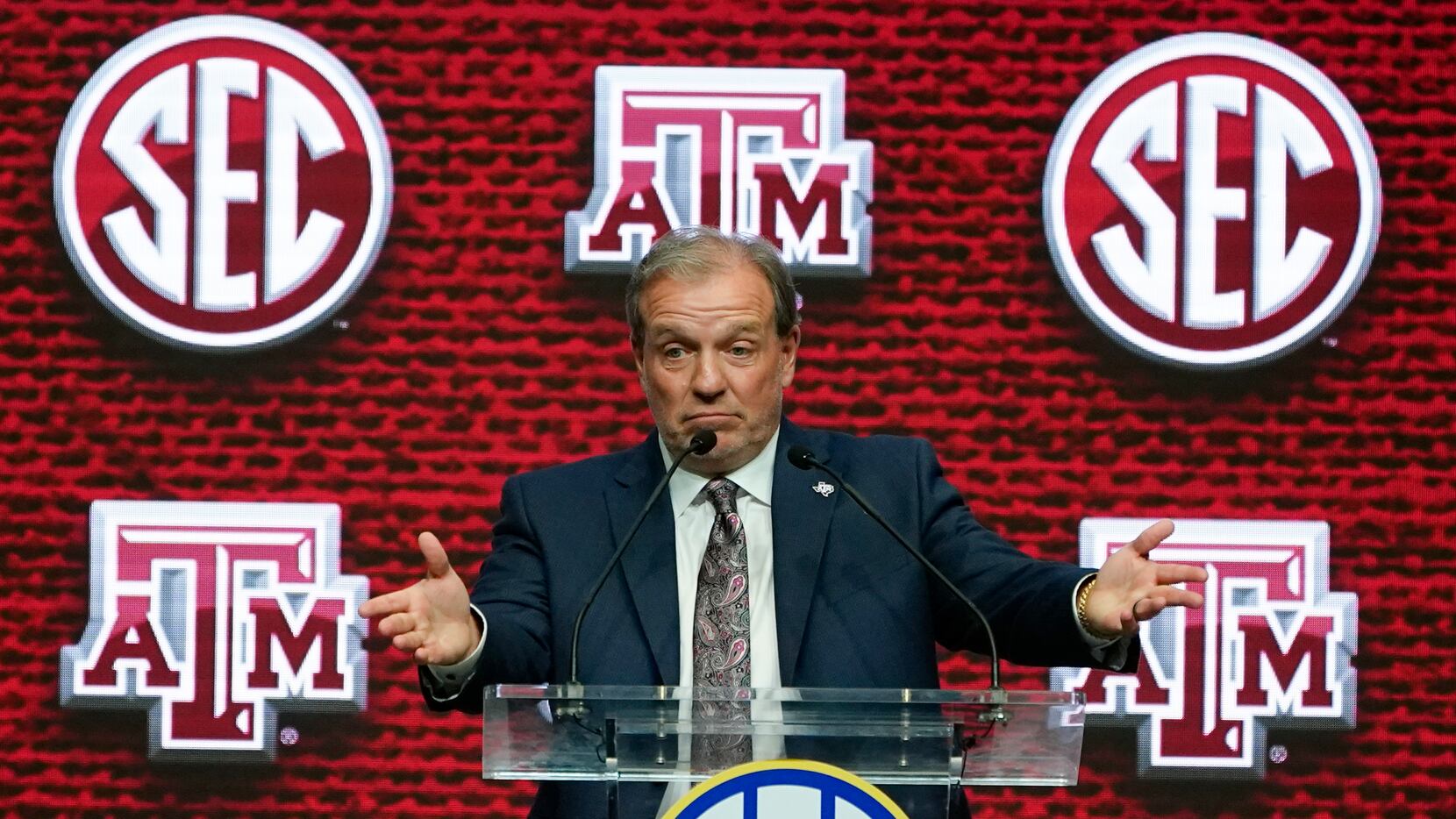 Texas A&M head coach Jimbo Fisher speaks during NCAA college football Southeastern...
