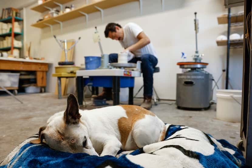 Ceramic artist Marcello Andres works at his Dallas studio while his 17-year-old dog, Big...