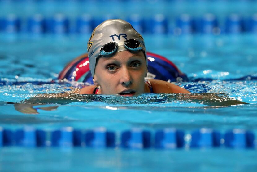 OMAHA, NE - JUNE 30:  Dana Vollmer of the United States reacts after competing in a...