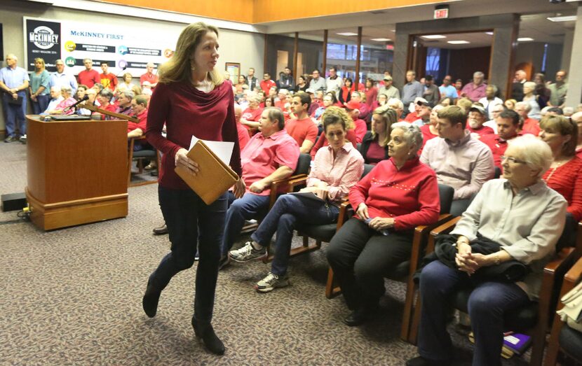 Collin County resident Stephanie Weyenberg speaks to the McKinney City Council to oppose the...