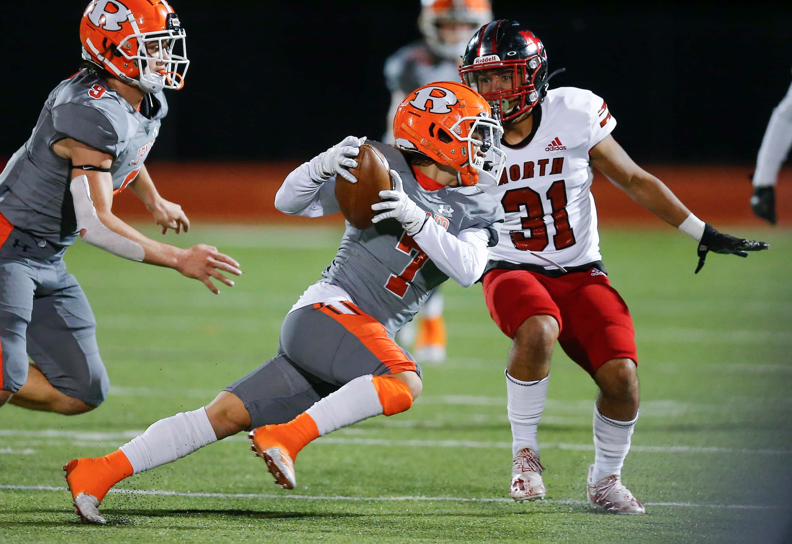 Rockwall junior safety Weston Flowers (7) recovers a North Garland blocked punt during the...