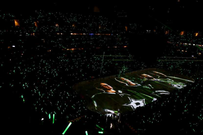 Dallas Stars players are introduce during game 3 of an NHL second round playoff series at...