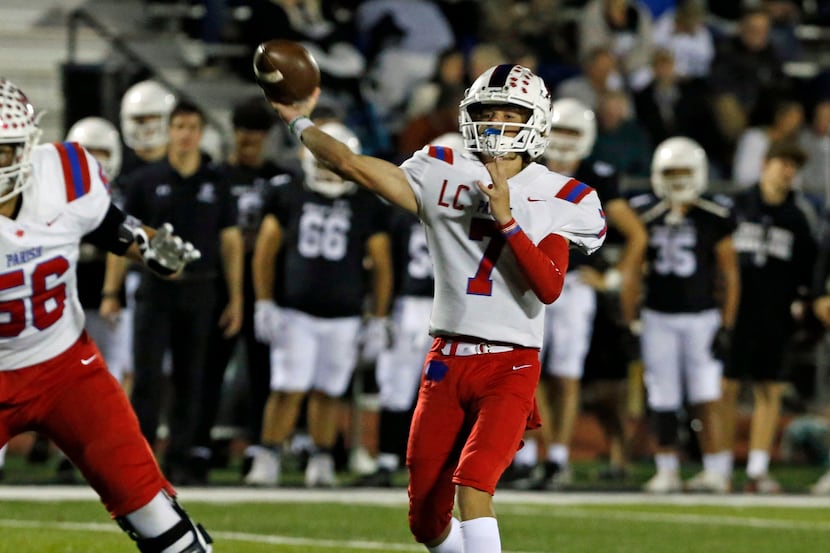 Parish Episcopal QB Sawyer Anderson (7) throws a pass during the first half of a high school...
