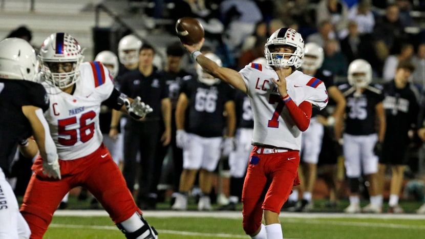 Parish Episcopal QB Sawyer Anderson (7) throws a pass during the first half of a high school...