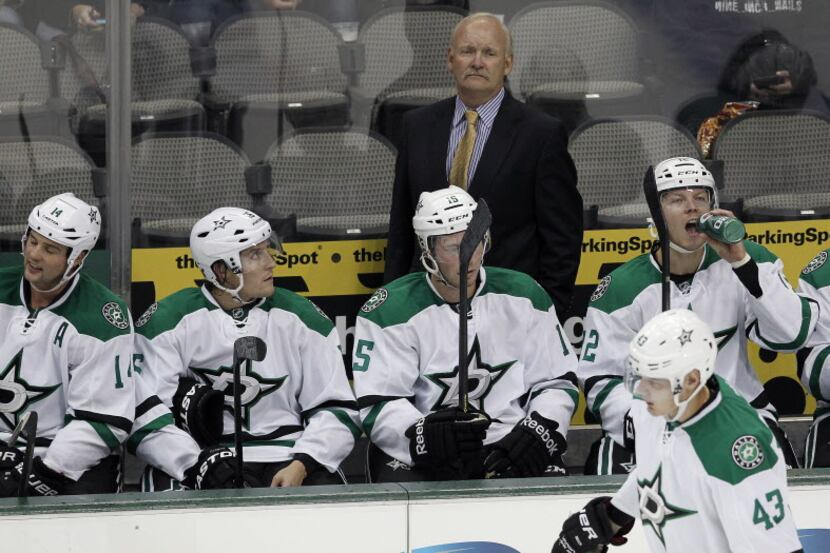 Dallas Stars head coach Lindy Ruff on the bench in the third period of NHL Preseason Hockey...