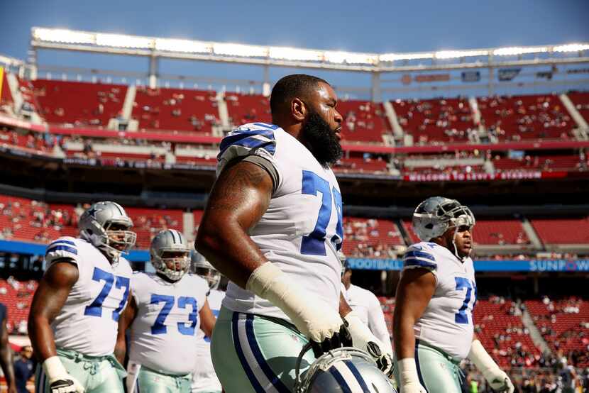 FILE - Dallas Cowboys offensive lineman Chaz Green (79) is pictured before a game between...