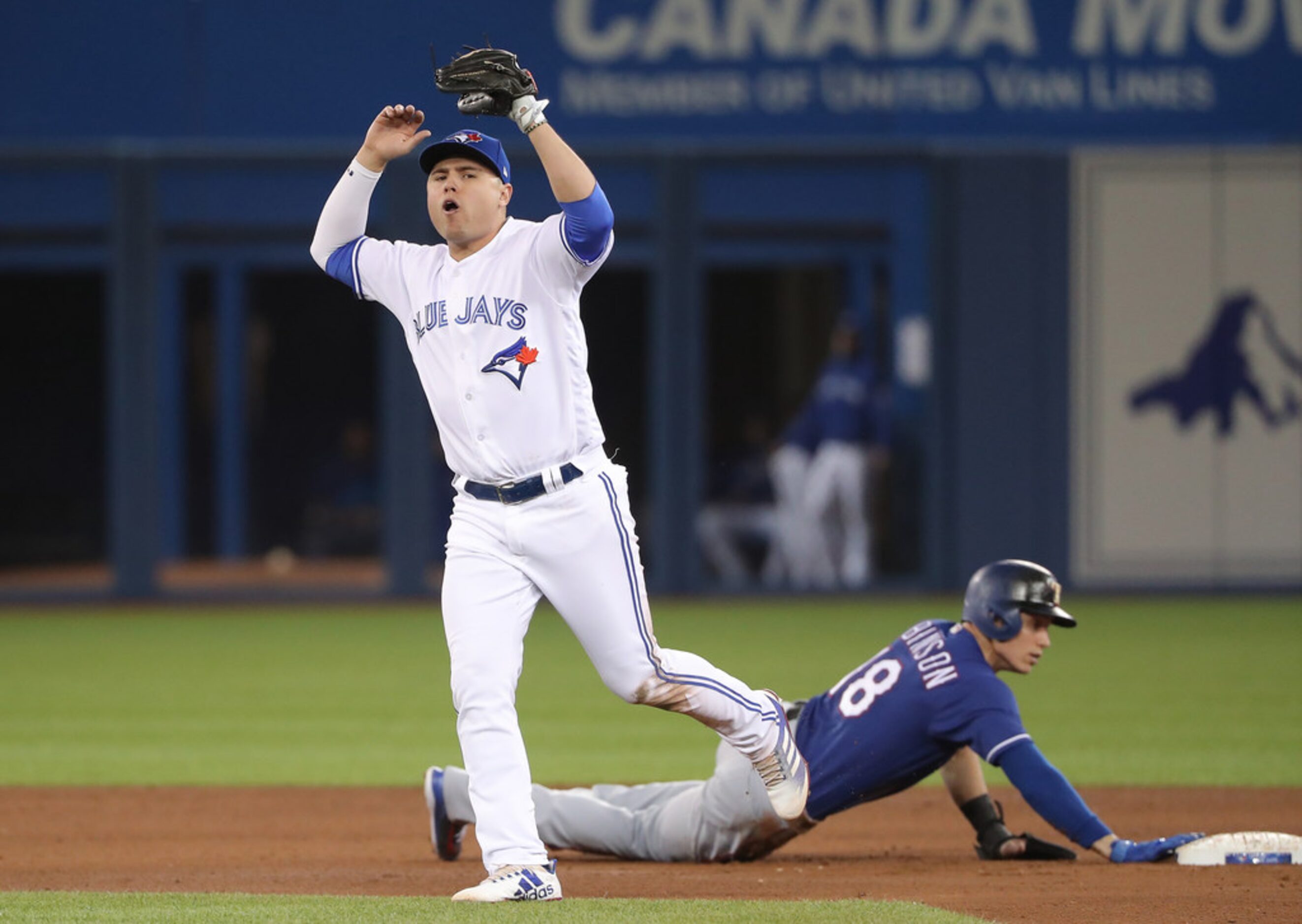 TORONTO, ON - APRIL 27: Aledmys Diaz #1 of the Toronto Blue Jays reacts after a successful...