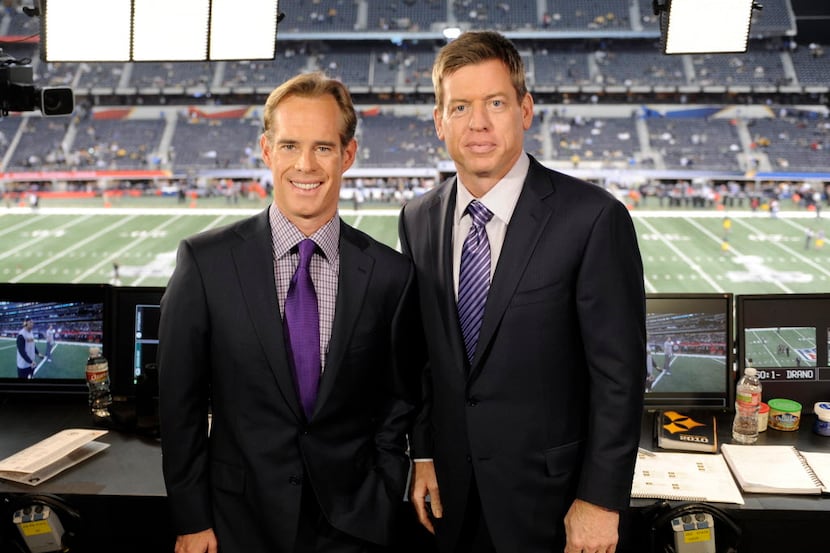ARLINGTON, TX - FEBRUARY 6: (L-R) Game announcers Joe Buck and Troy Aikman appear before the...