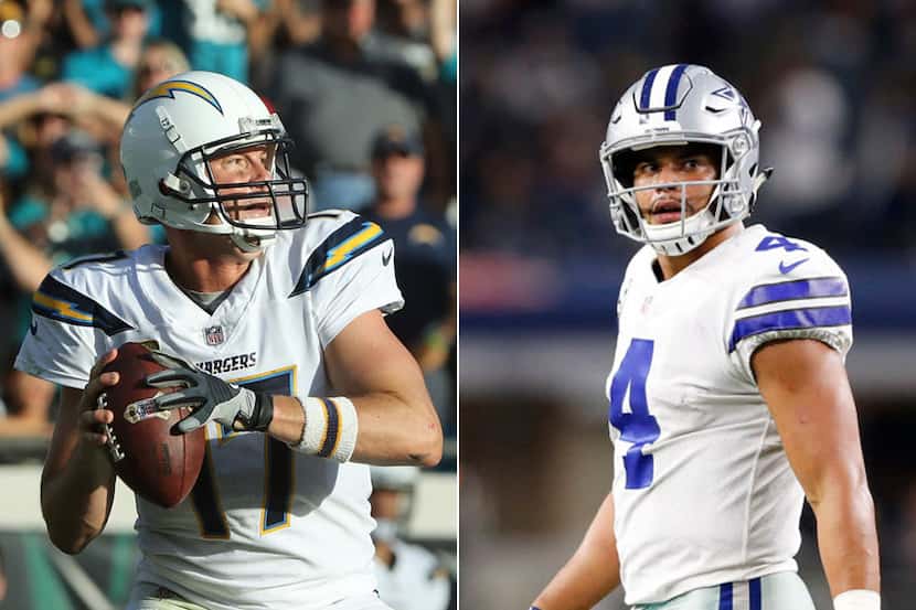 Pictured: Los Angeles Chargers quarterback Philip Rivers (left) and Dallas Cowboys...