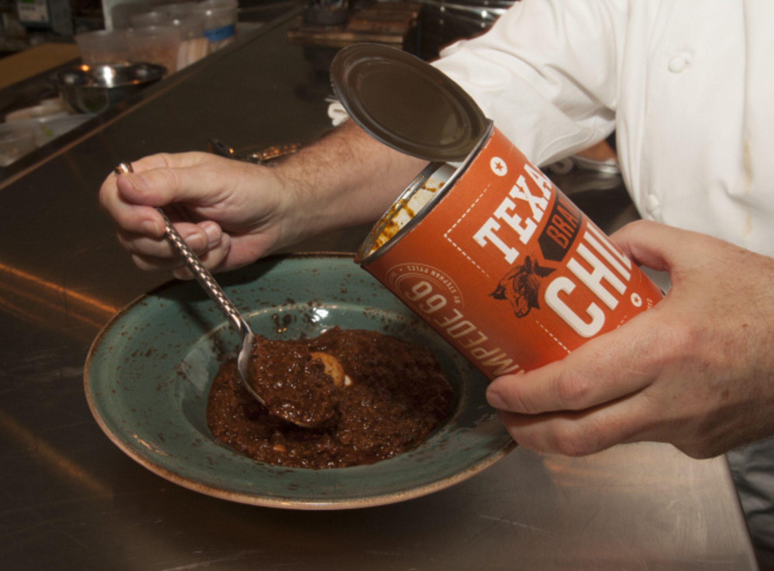 STAMPEDE 66: A bowl of Texas red chili is served tableside from its own branded can at...