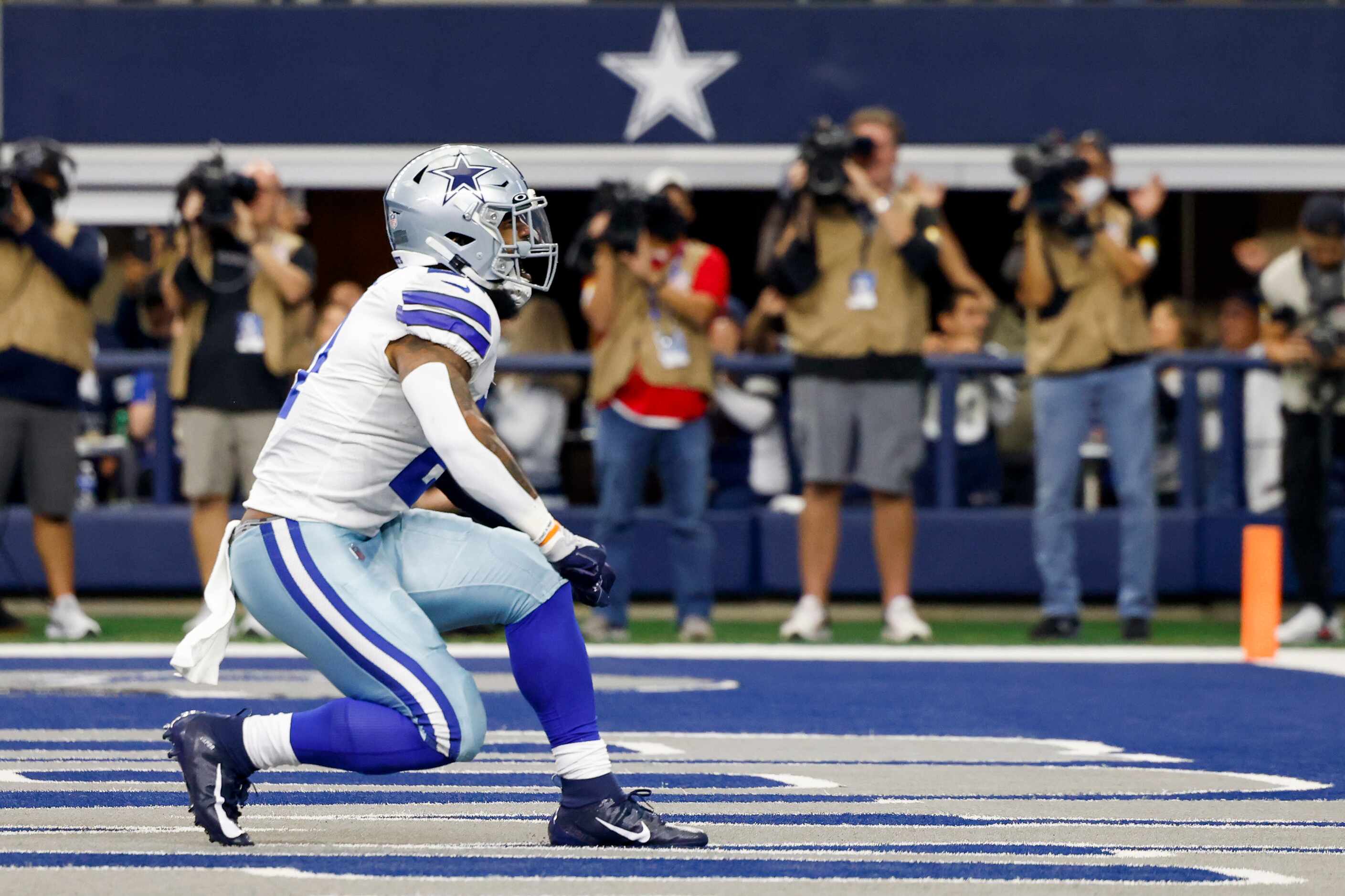 Dallas Cowboys running back Ezekiel Elliott (21) celebrates after scoring a touchdown during...