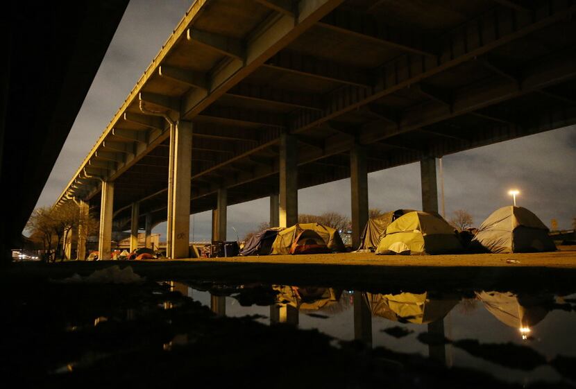 A view of "Tent City," the massive homeless encampment under Interstate 45, near downtown...