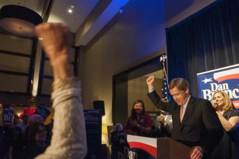 
State Rep. Dan Branch addresses his supporters during his election night party on Tuesday,...