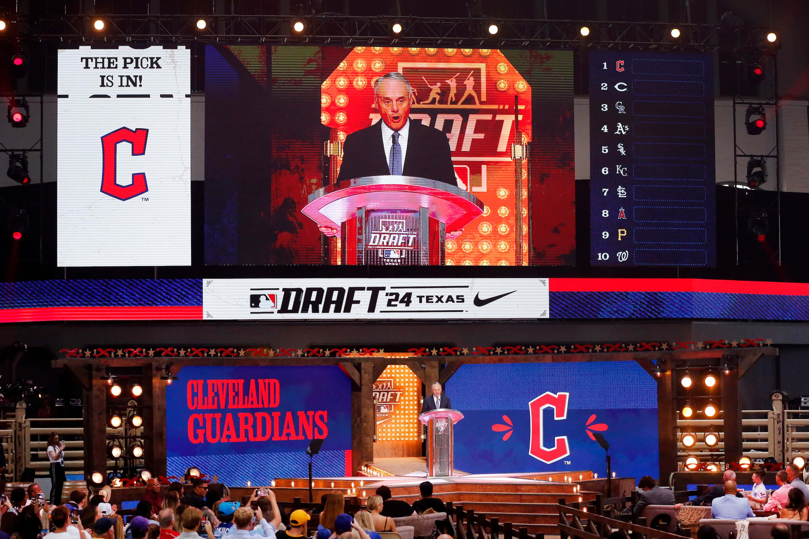 Major League Baseball commissioner Rob Manfred announces the first pick of the MLB Draft at...