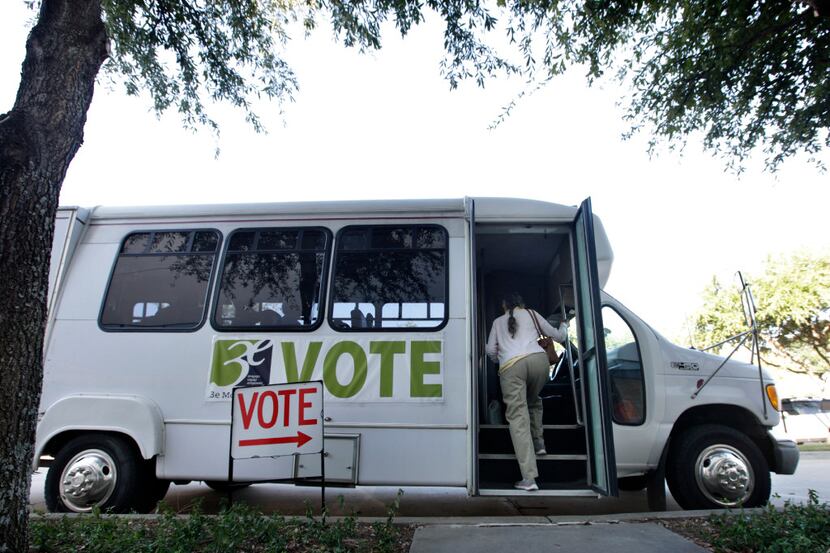 An elderly voter returns to the 3e Xpress bus in McKinney. (Jason Janik/Special Contributor)