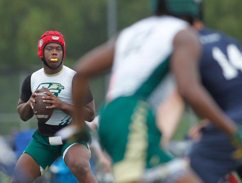 DeSoto quarterback Darius "DJ" Bailey (5) looks for a receiver during the first half against...