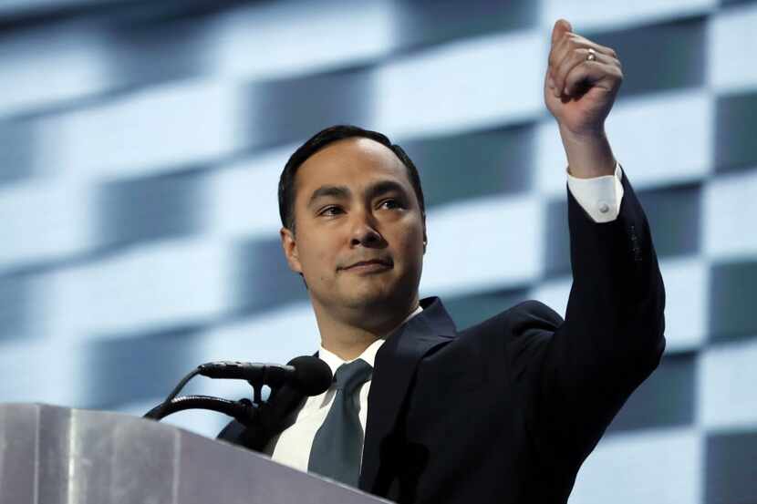 Rep. Joaquin Castro, D-Tex., gives his thumb up as he speaks during the final day of the...