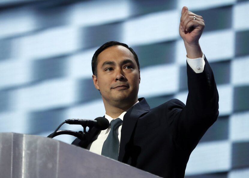 Rep. Joaquin Castro, D-Tex., gives his thumb up as he speaks during the final day of the...