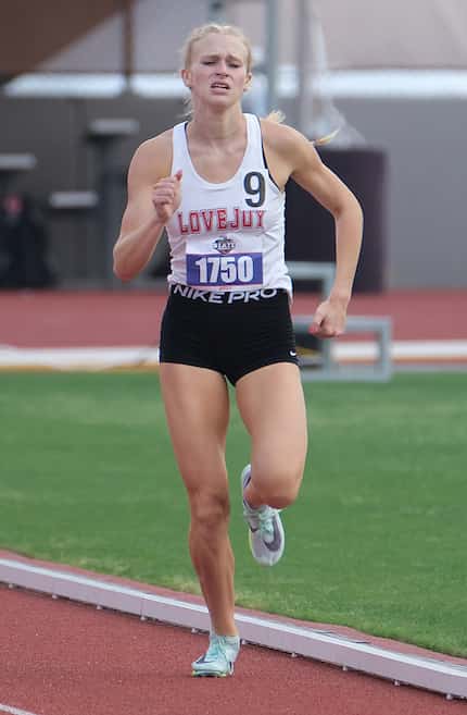 Kailey Littlefield of Lovejoy competes 5A 800M race at the UIL State track championships at...