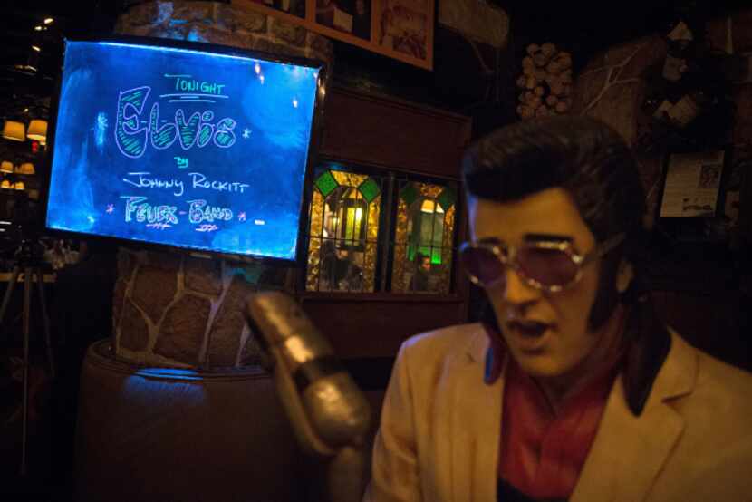 A sign touts a performance by Elvis Presley impersonator Johnny Rockit at El Ranchito...