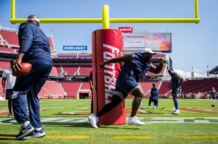 Dallas Cowboys defensive tackle Maliek Collins (96) warms up before an NFL preseason game...