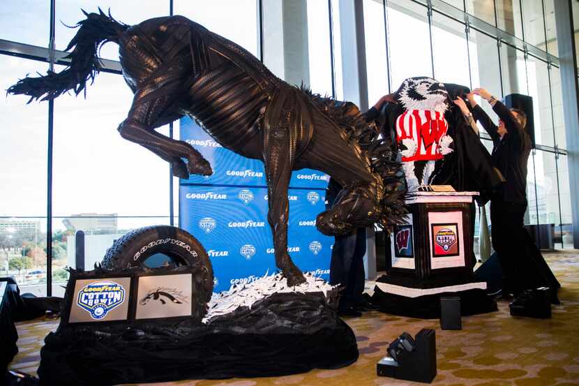 Goodyear unveils tire sculptures of Wisconsin's mascot, Bucky Badger, and Western Michigan's...