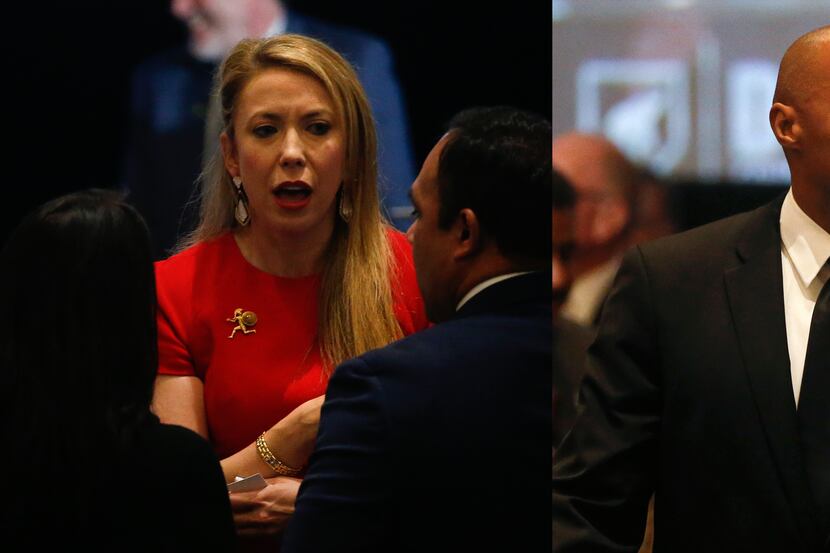 Genevieve Collins, left, and Floyd McLendon are seen during the Dallas County Republican...