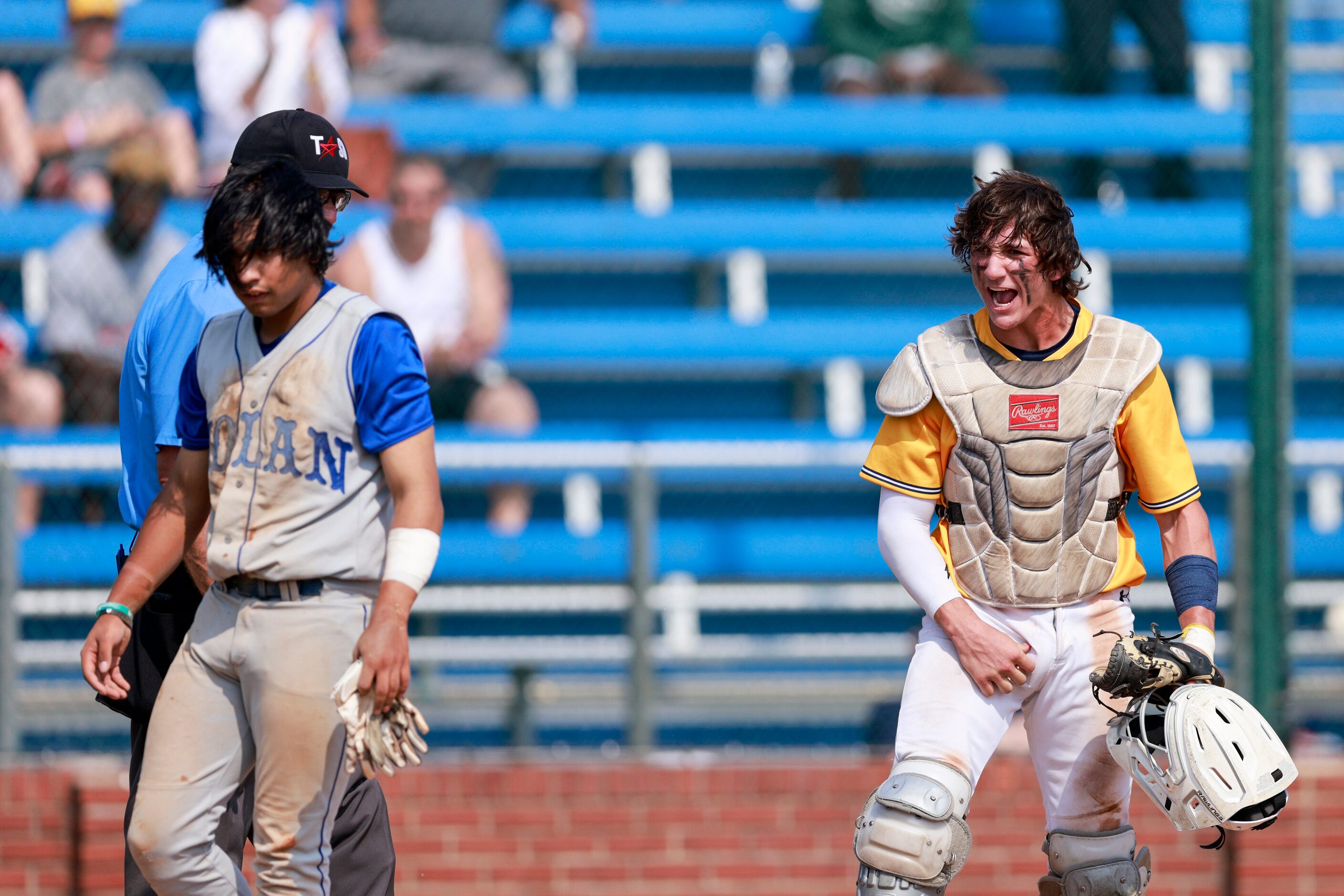 Plano Prestonwood catcher AJ DePaolo (5) reacts after throwing out Fort Worth Nolan...