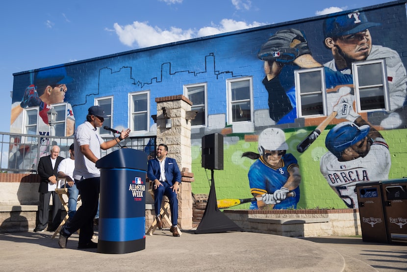 Former Rangers pitcher and Fort Worth native Yovani Gallardo speaks at the unveiling of a...