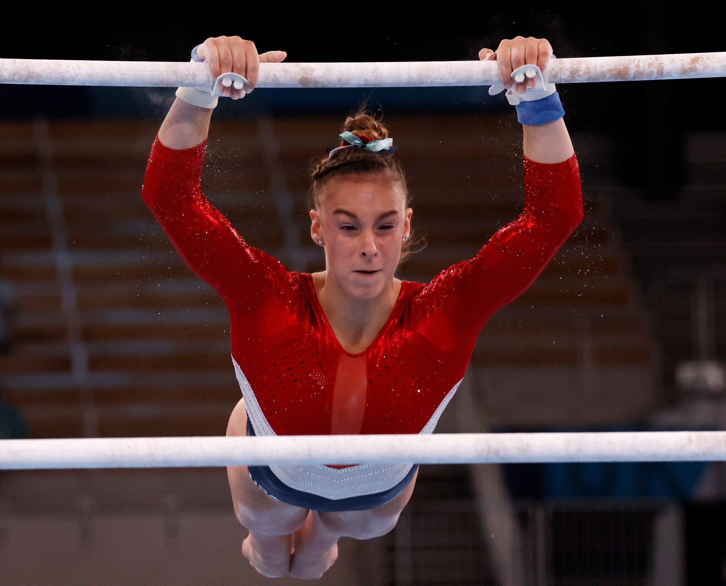 USA’s Grace McCallum competes on the uneven bars during the artistic gymnastics women’s team...