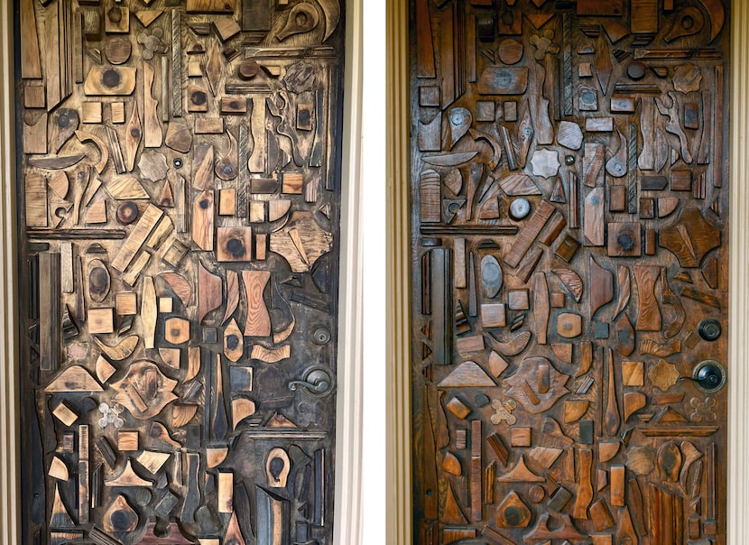 The restoration of Bonnye Sherman’s home door is seen in progress (left) and after the work...