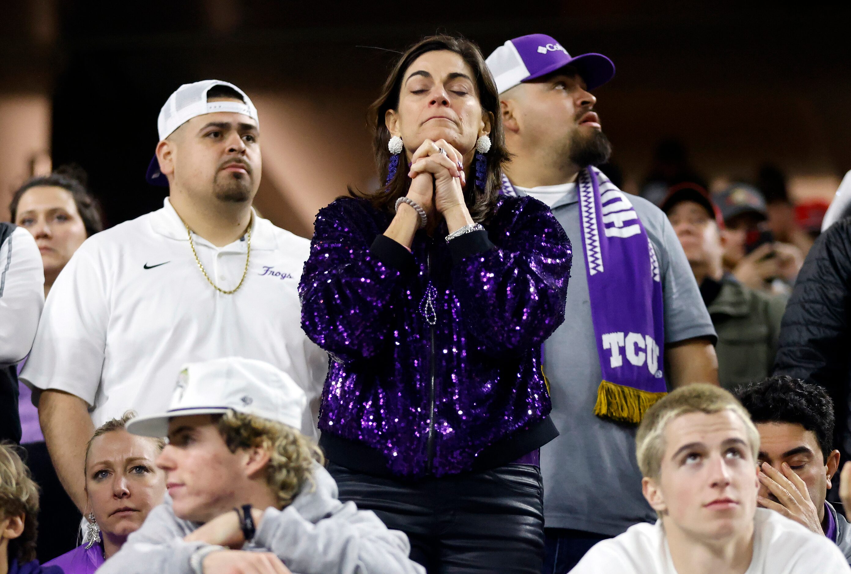 TCU Horned Frogs fans react as they trail the Georgia Bulldogs in the fourth quarter of the...