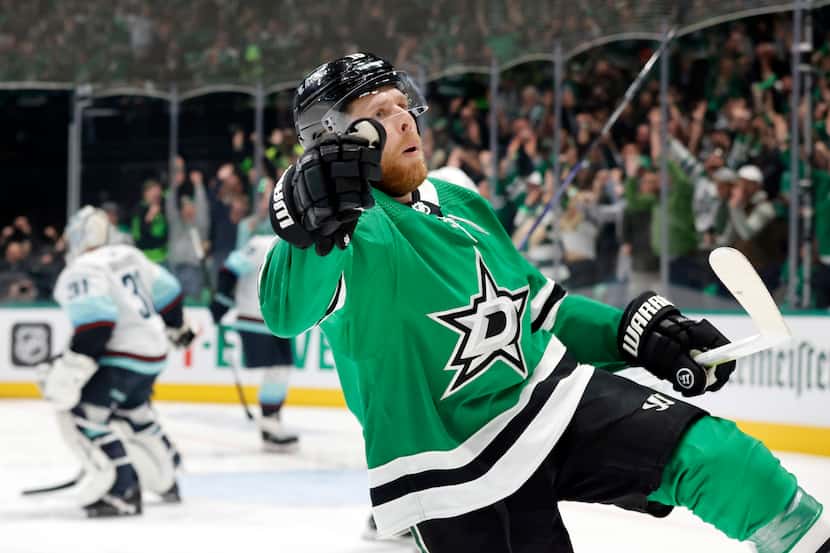 Dallas Stars center Joe Pavelski (16) celebrates after his first of two first period goals...