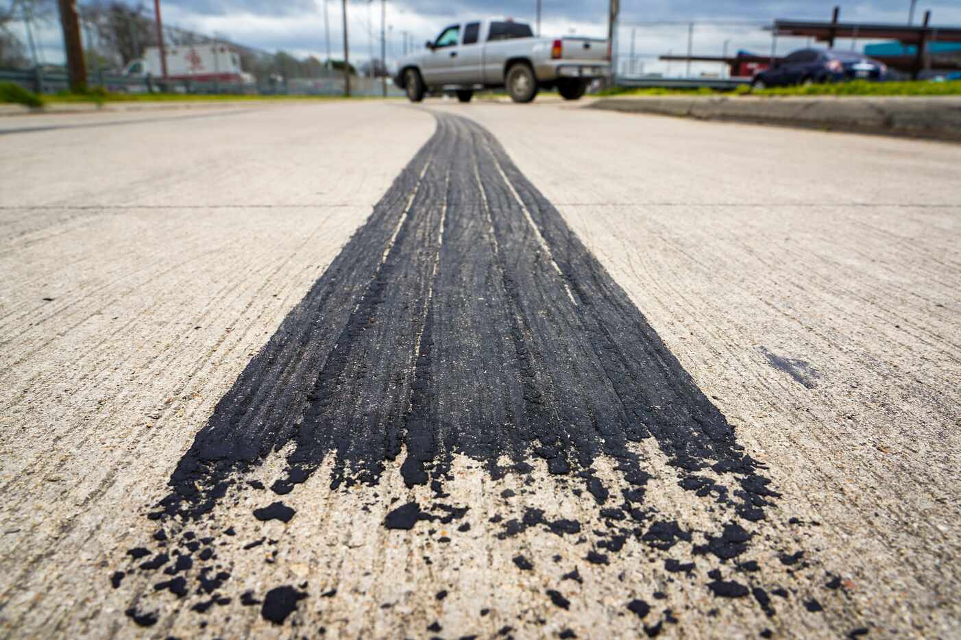 Skid marks are seen in the 1400 S. Henderson Avenue on Monday, March 9, 2020, in Dallas.