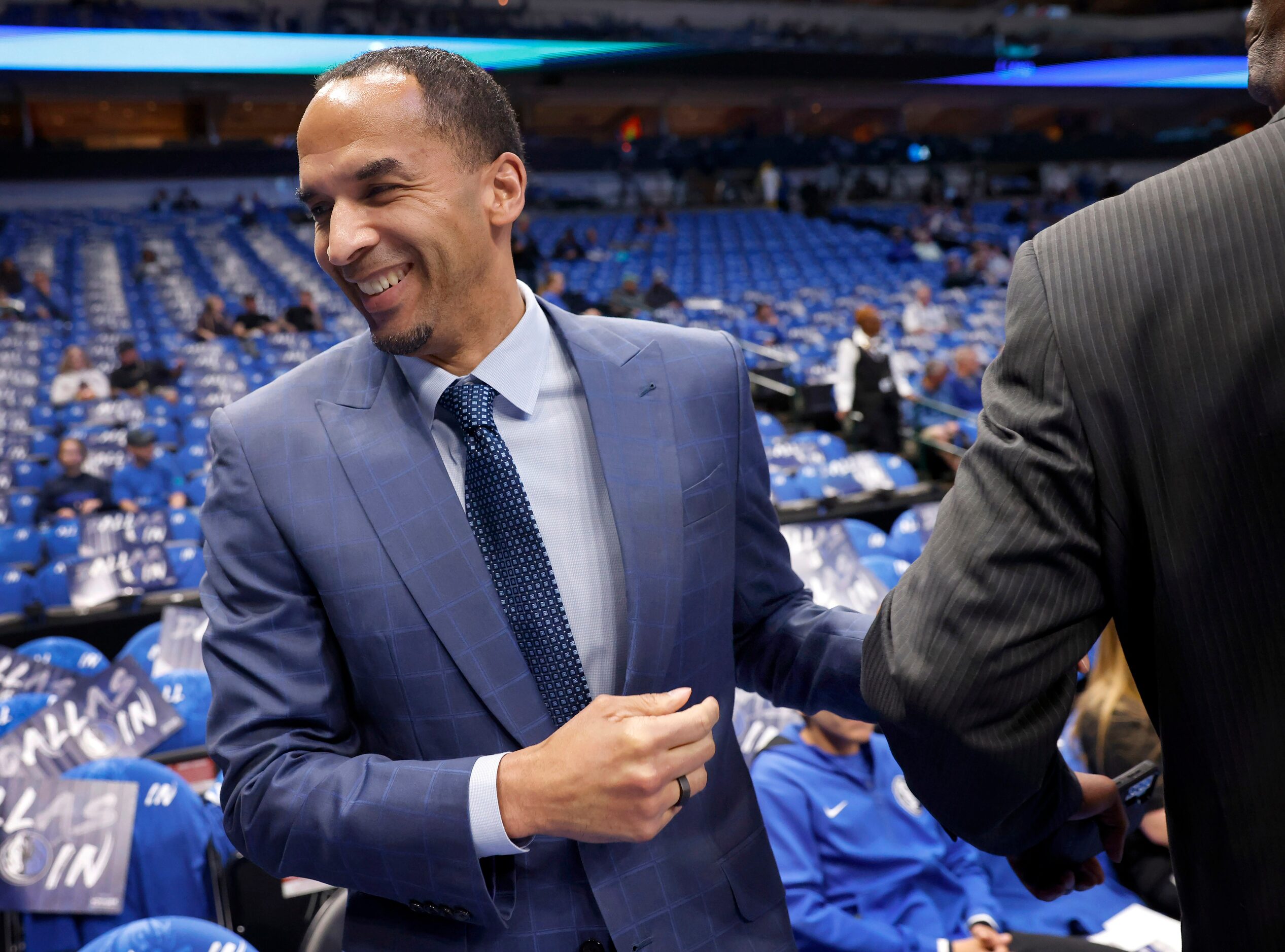 Dallas Mavericks president of basketball operations and general manager Nico Harrison visits...