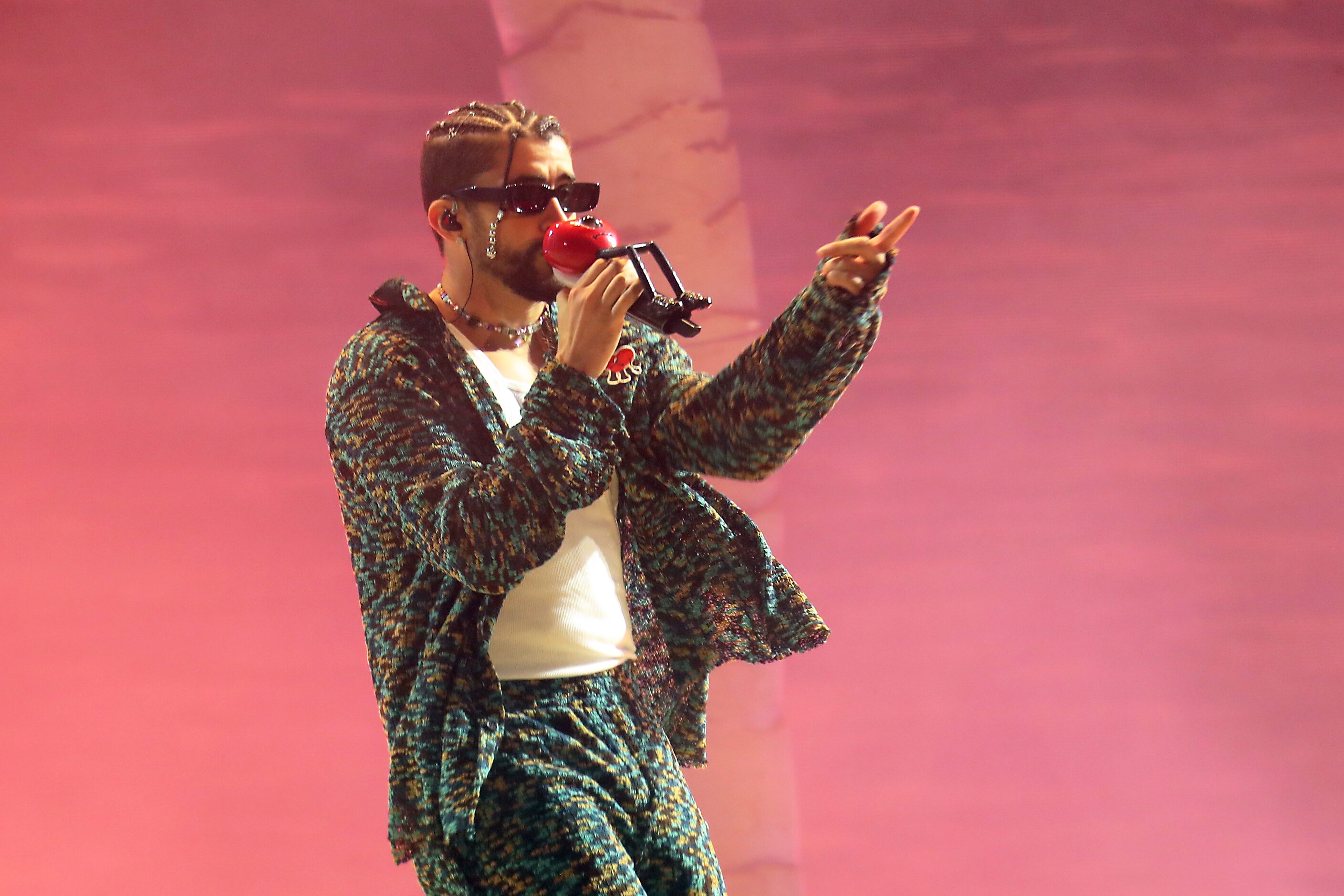 ARLINGTON, TEXAS - SEPTEMBER: Puerto Rican rapper Bad Bunny performs on stage during his...