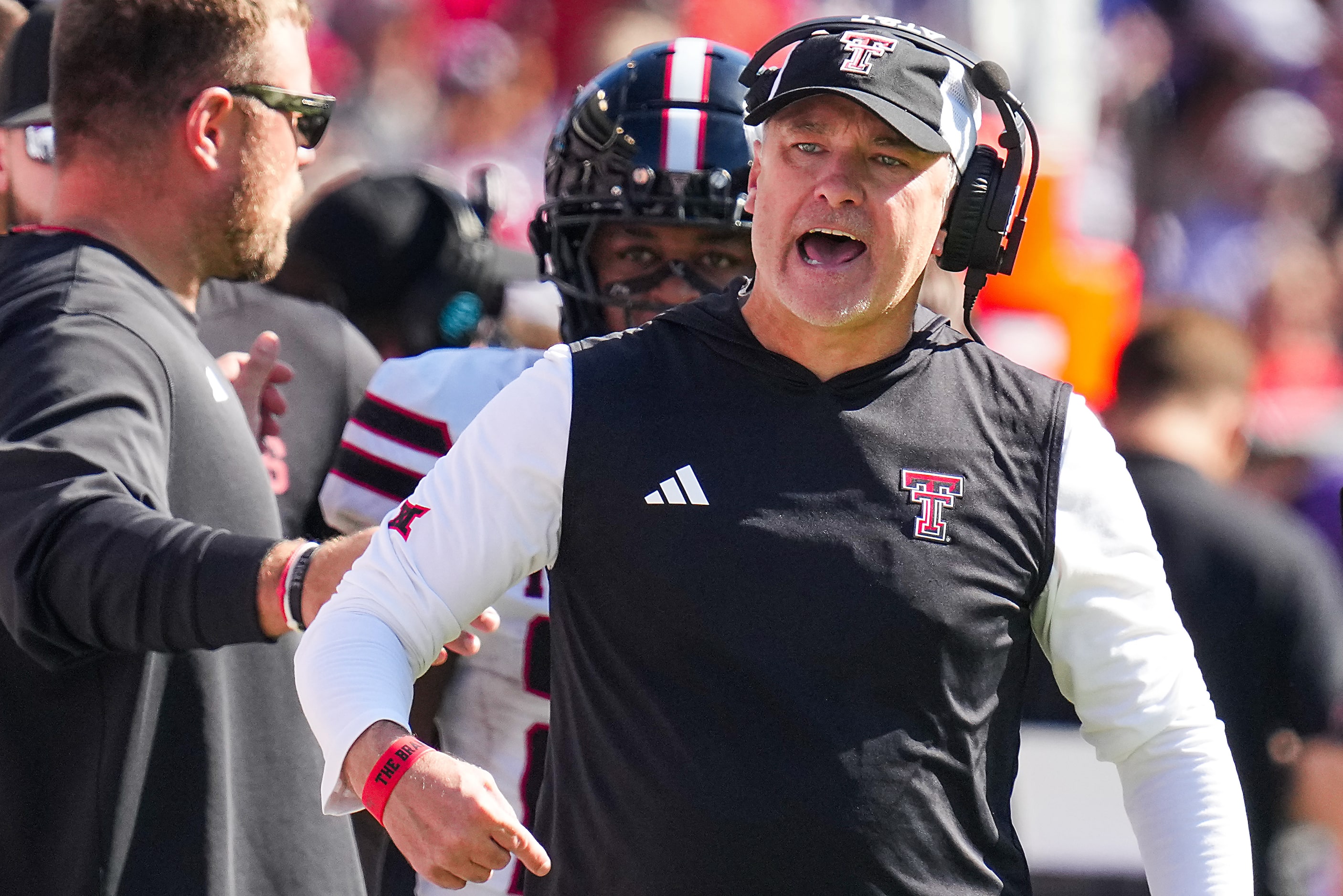 Texas Tech head coach Joey McGuire reacts on the sidelines during the first half of an NCAA...