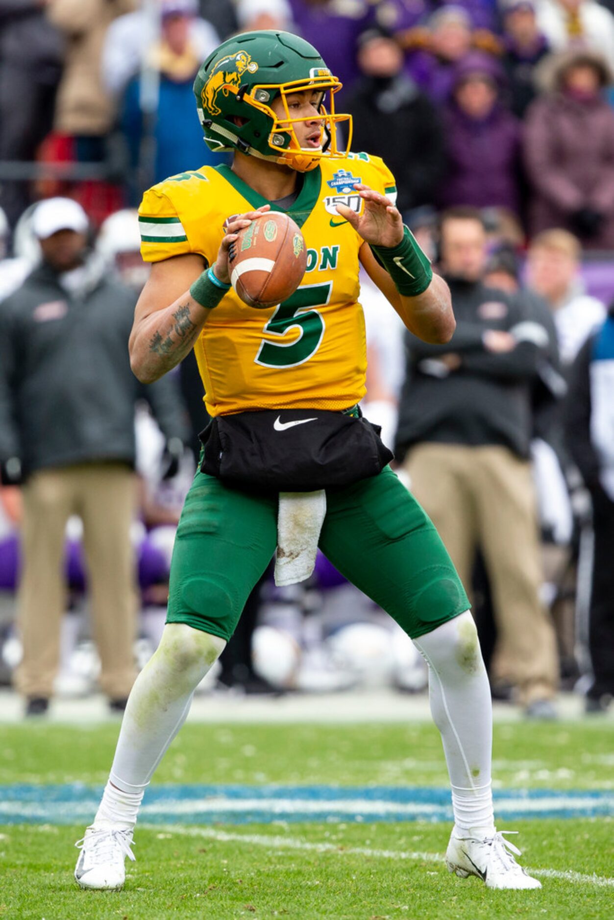 North Dakota State quarterback Trey Lance (5) looks to pass during the first half of the FCS...