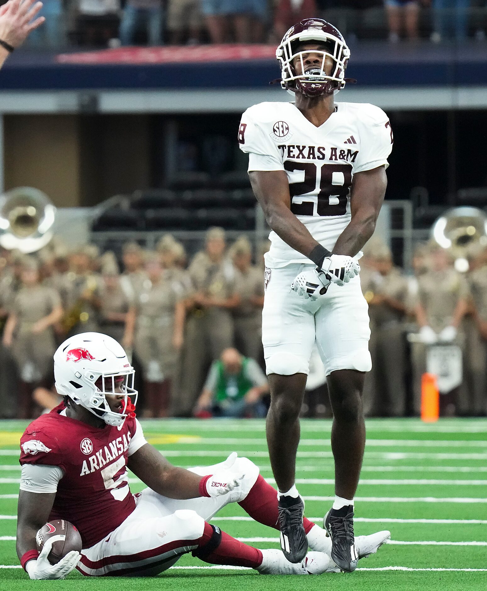 Texas A&M defensive back Josh DeBerry (28) celebrates after Arkansas running back Raheim...